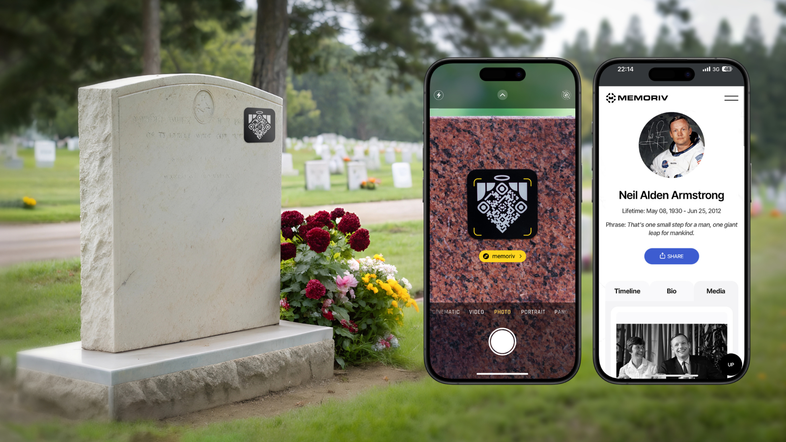 Memoriv medallion on a headstone with its memorial page