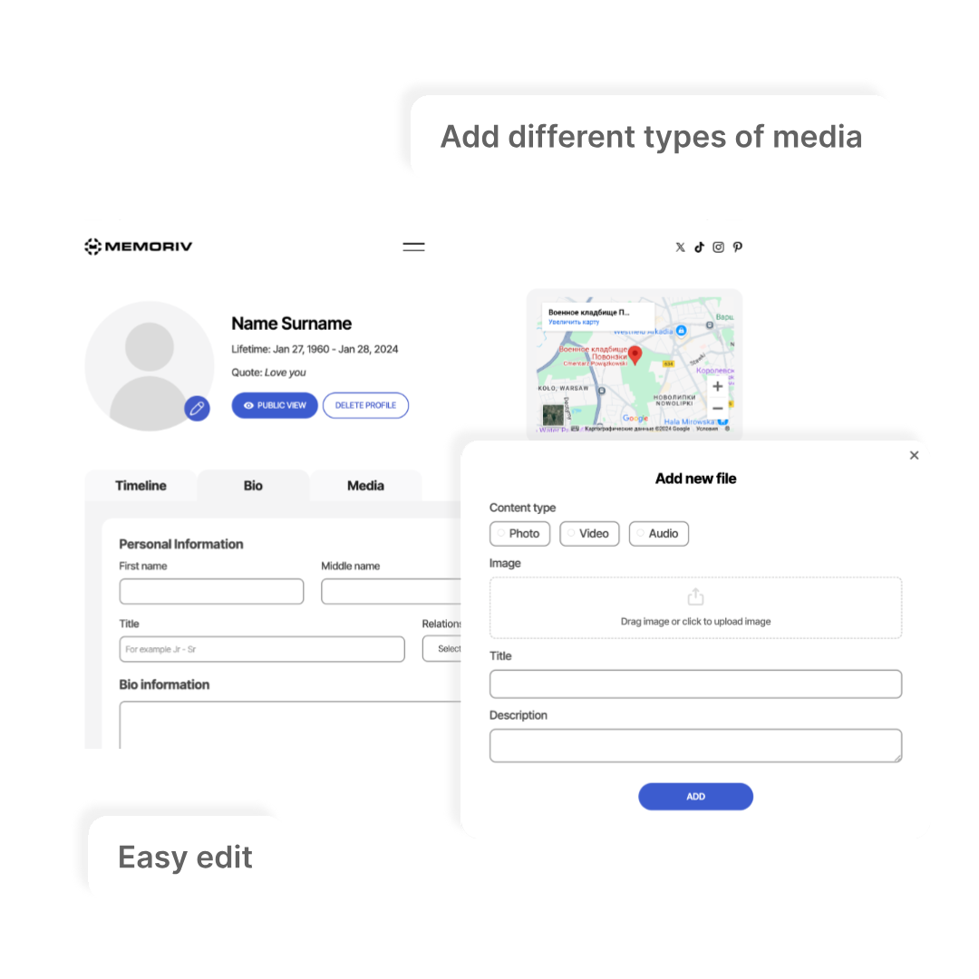 Memoriv memorial page editor with photo, video and audio options